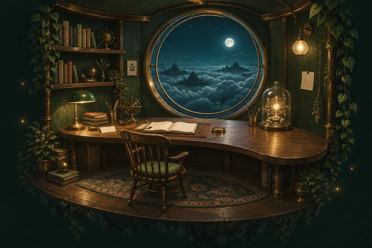 懸浮在夜空中的小書房，圓形窗外是一片雲海，木桌上留著筆記本與暖燈。