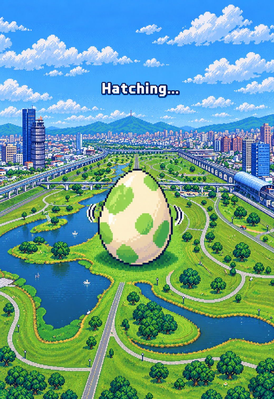 像素公園裡,一顆帶綠色斑紋的蛋正等待孵化。